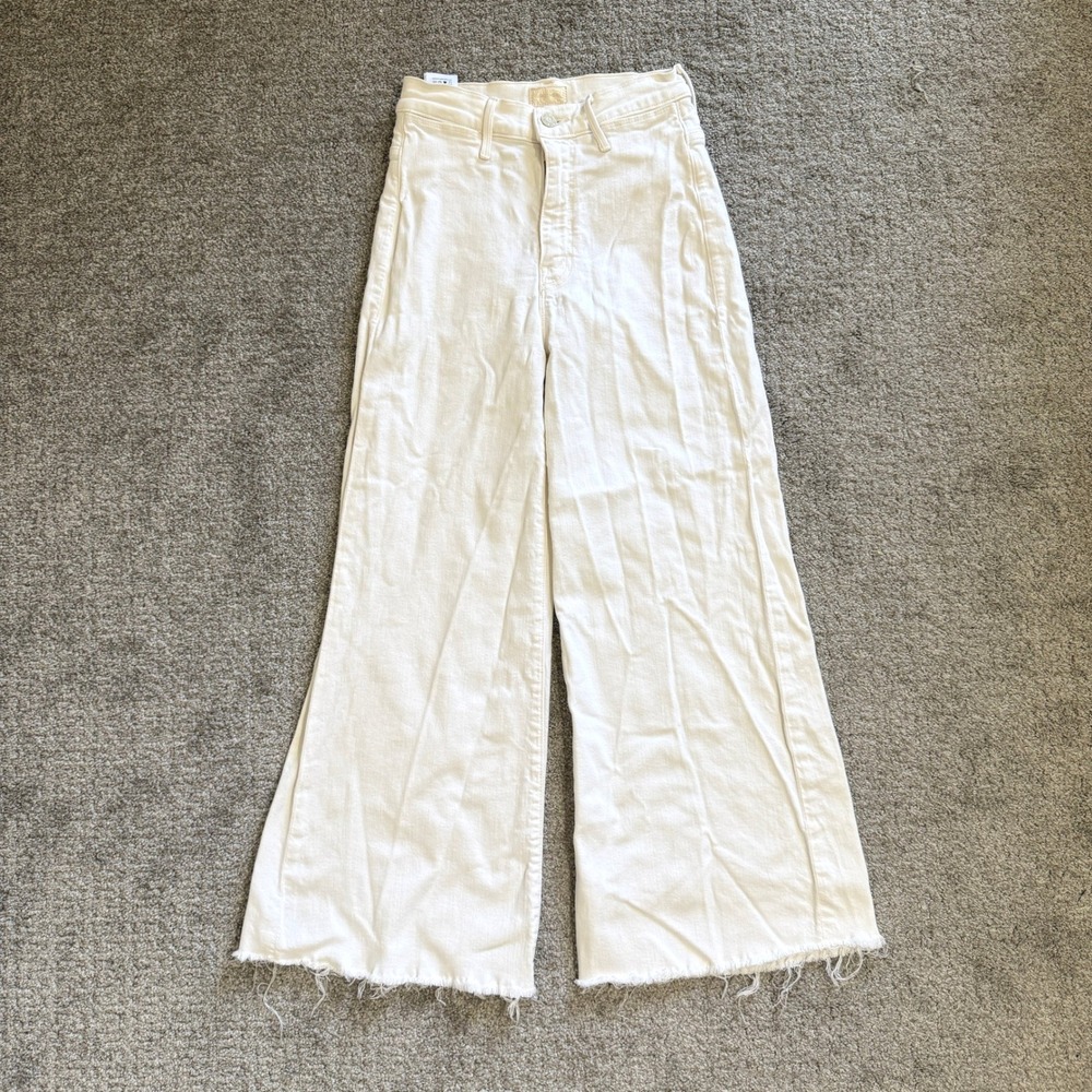 Mother Swooner Roller Crop Fray Jeans Whipping The Cream Ecru 24 Flare Wide Leg